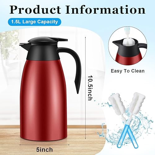 Miniatura 8 de 2 jarras térmicas de café de 51 onzas para mantener el calor aislado al vacío de acero inoxidable al vacío, jarra de café al vacío de doble pared