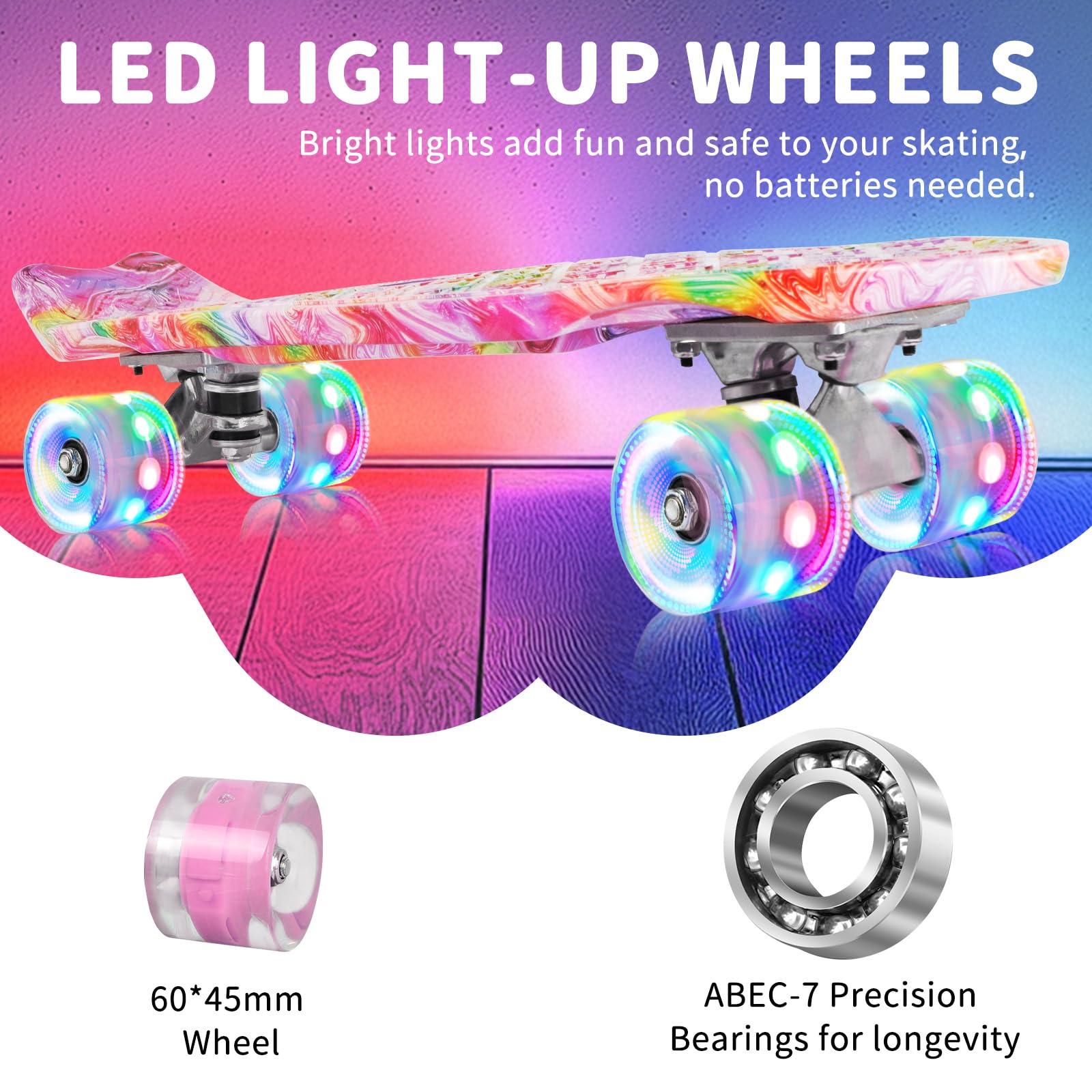 BELEEV Skateboard Cruiser da 55,9 cm per bambini, ragazzi, adolescenti, adulti, principianti, ruote luminose a LED, mini skateboard classico completo con attrezzo a T, carico massimo 99,8 kg