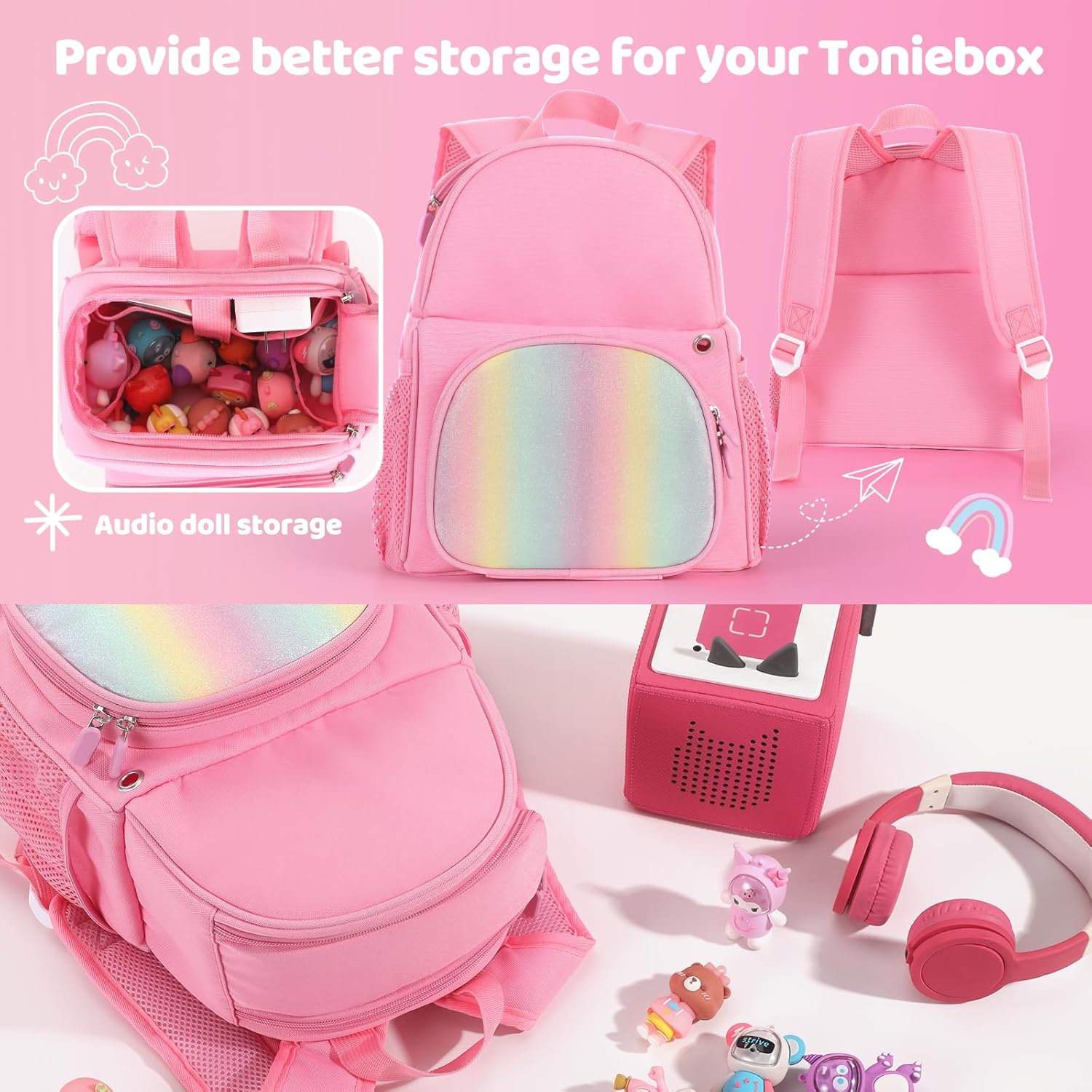 Carrying Backpack Compatible with Toniebox Starter Set, Travel Storage Bag Fits for Tonies Figures Characters,Tonies Headphones & Accessories, Rose Pink (Bag Only)