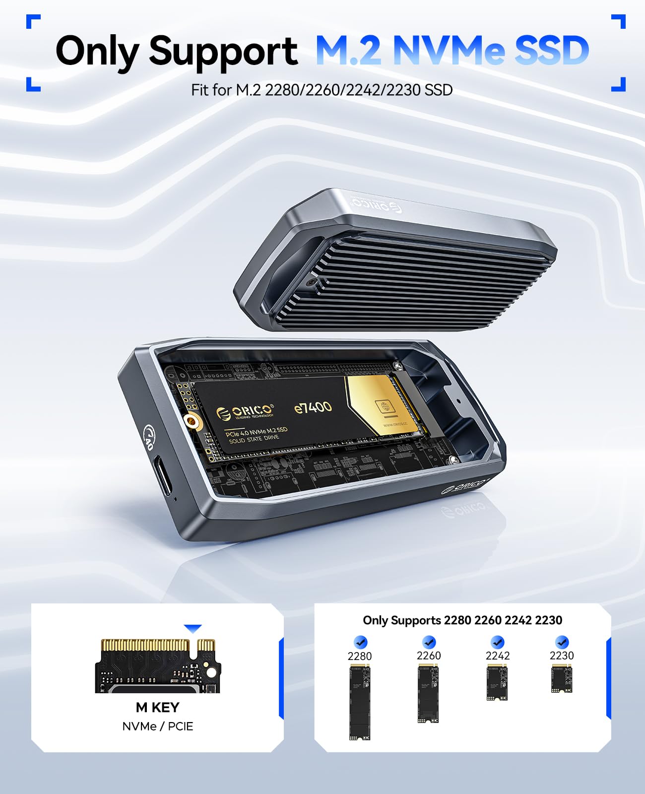 Carcasa para SSD M.2 USB4 de 40 Gbps, soporta SSD M.2 NVMe de hasta 8 TB, funda de aleación de aluminio con aletas, cable USB-C a USB-A y C 2 en 1, Plug and Play, compatible con Thunderbolt 3/4, 3