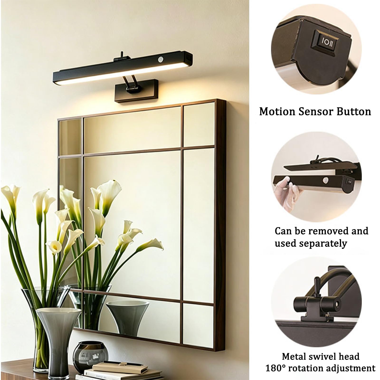 LED Lampada a Specchio Bagno Ricaricabile Applique da Parete con Sensore di Movimento 180° Girevole Iluminazioni per Pareti con Interruttore Soggiorno Camera da Letto (Nero Luce Bianca,30cm)