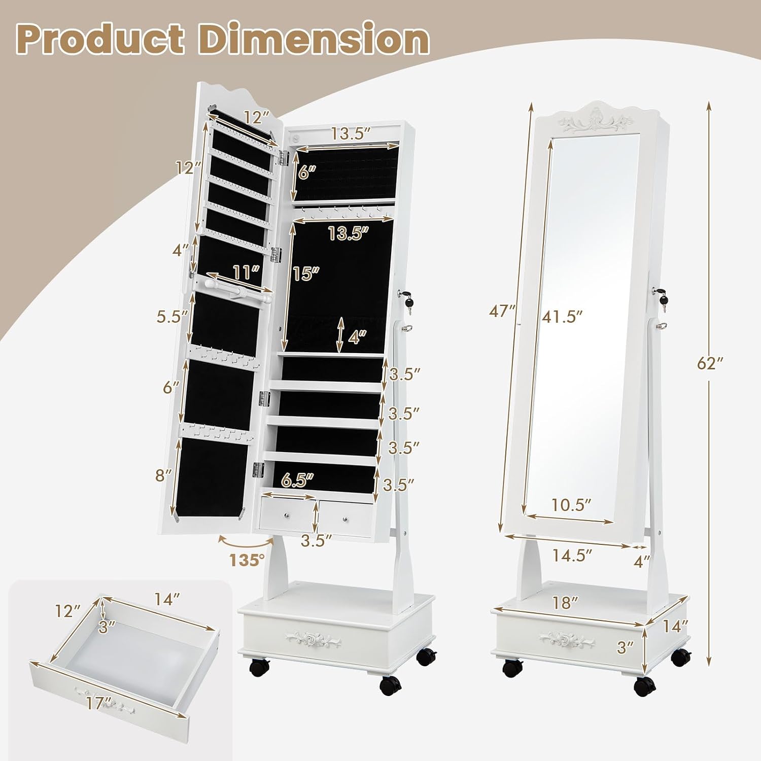 HAPPYGRILL Full Length Jewelry Armoire, Lockable Jewelry Organizer with Wheels, 3-Position Adjustable Angle, 6 LEDs & Bottom Drawers, Standing Jewelry Cabinet for Girls Women (White)