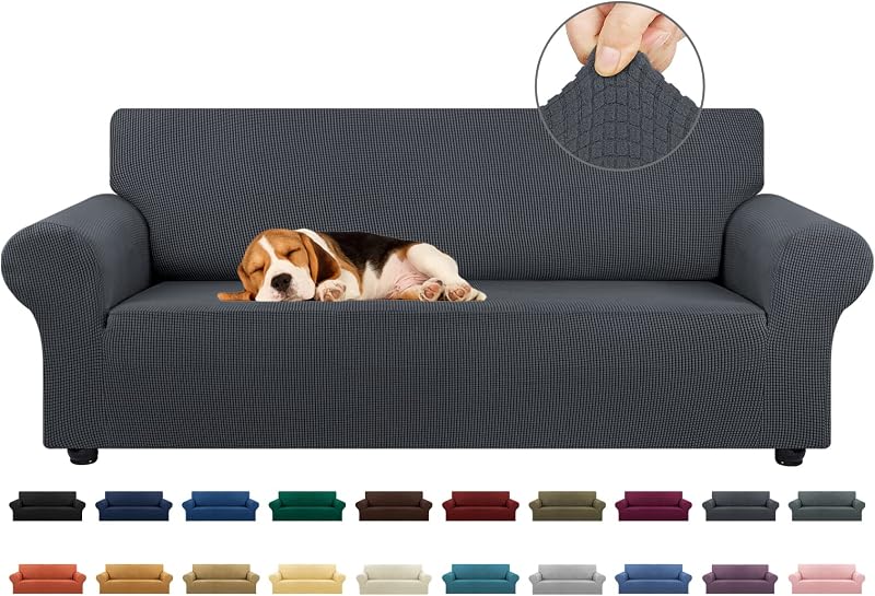 KEKUOU Stretch Couch Covers for Sofa, 3 Cushion Couch Slipcover,Charcoal | 1-Piece Washable Sofa Cover Pet Friendly(78"-94") Furniture Protector Soft Jacquard, Elastic Bottom for Dogs & Kids