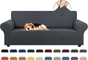 KEKUOU Stretch Sofa Cover Slipcover ,Couch Covers for 3 Cushion Couch Sofa pet Friendly (78"-94") Furniture Protector Sofa with Elastic Bottom for Kids,Dog, Jacquard Small Checked(Large,Charcoal)
