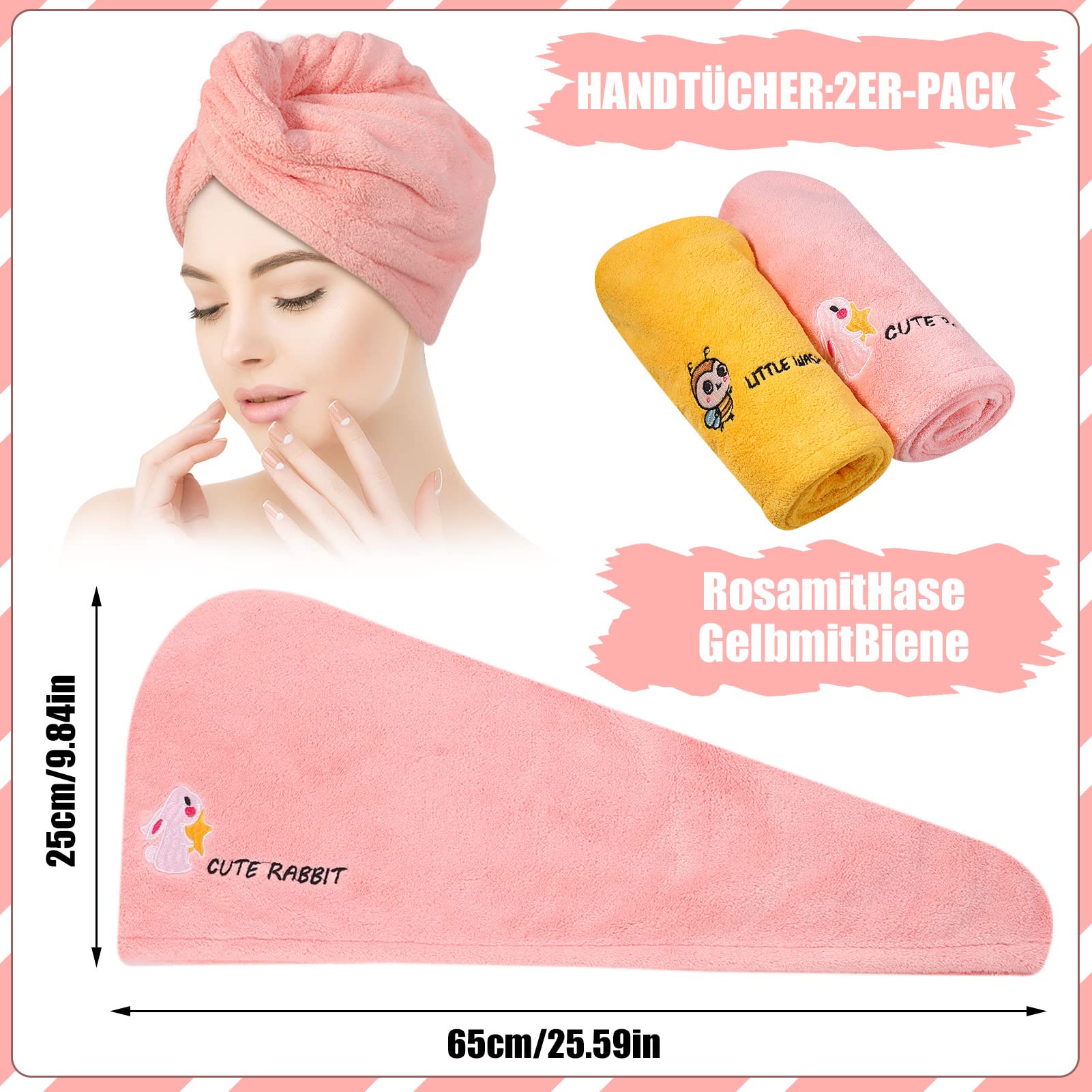 2 Stück Mikrofaser-Haarturban – Beige & Rosa, Super Saugfähig, Mit Knopf