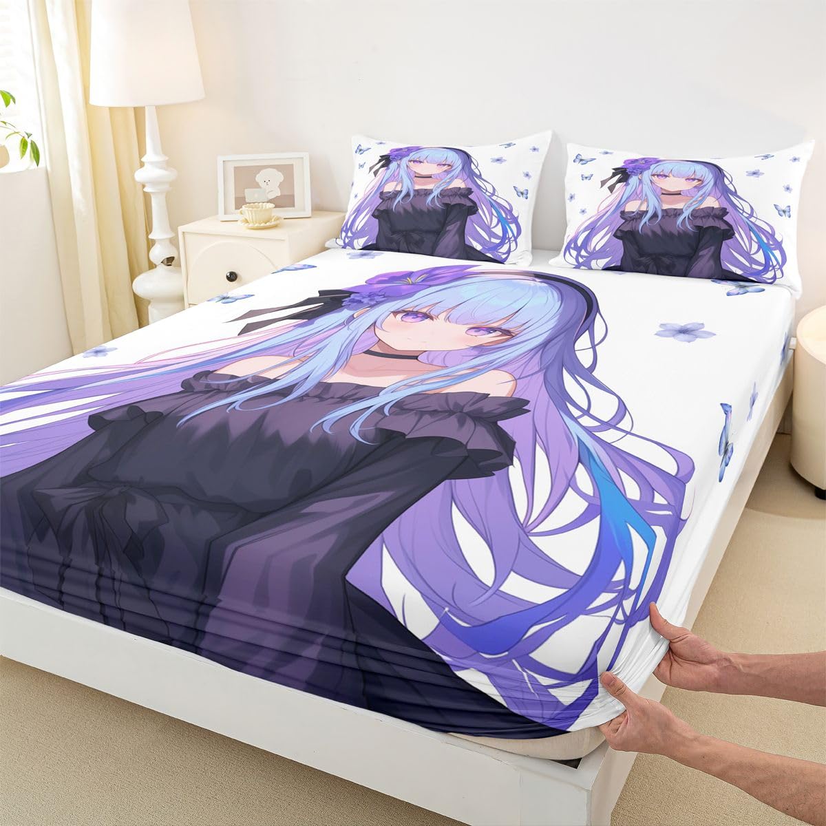 Erosebridal 3D Japanese Anime Bedding Set - Twin Fitted Sheet & Pillowcase, Kawaii Decorations, Cute Preppy Girl Sheets