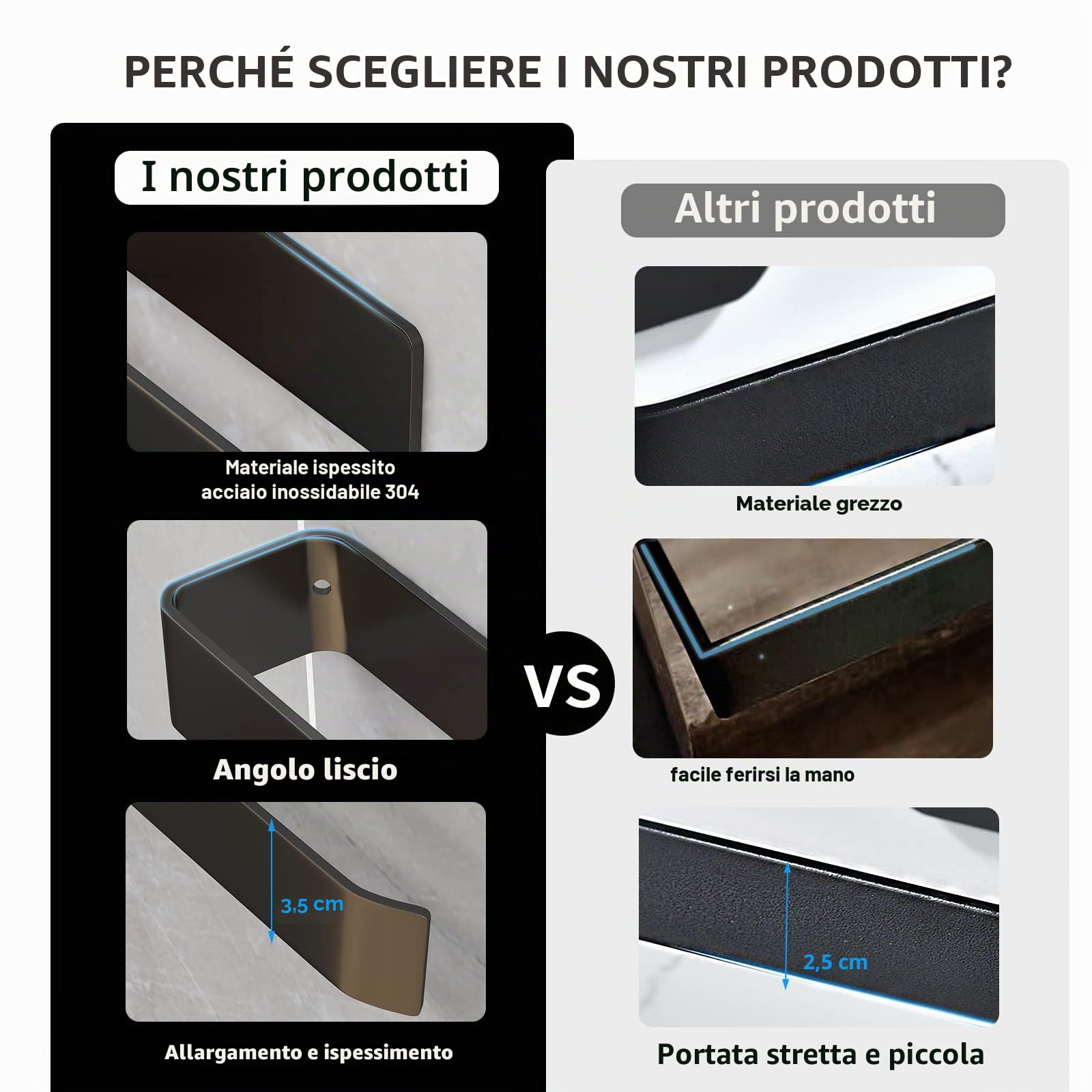 Vista Porta Asciugamani Bagno Adesivo da Parete Nero 25cm SUS304 Portasciugamani in Acciaio Inox Senza Foratura Portaasciugamano da Appendere per Cucina, Camera da Letto