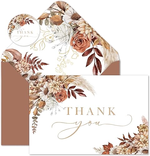 AnyDesign Tarjetas de agradecimiento florales bohemias a granel, paquete de 24 tarjetas de notas de flores con sobres, calcomanías de estilo