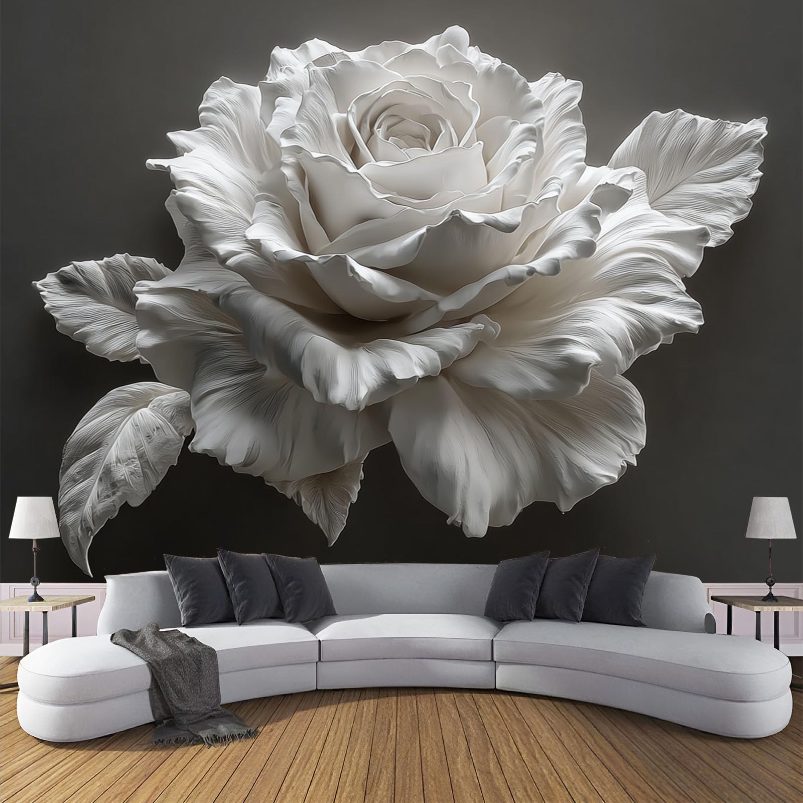 Papier peint panoramique salon blanc cassé fleur rose