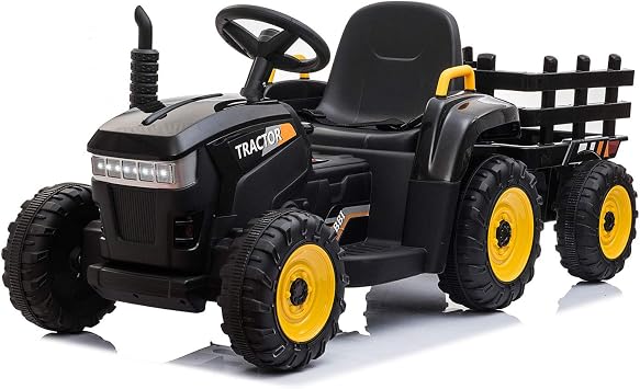 TOBBI Kids Electric Ride On Toy Tractor, Toddlers 12V Battery-Powered Car to Drive, 35W Dual Motor 6-Wheels Trailer Vehicle with 3-Speeds/LED & Horn Functions for Chirdren Aged 3-8-Black