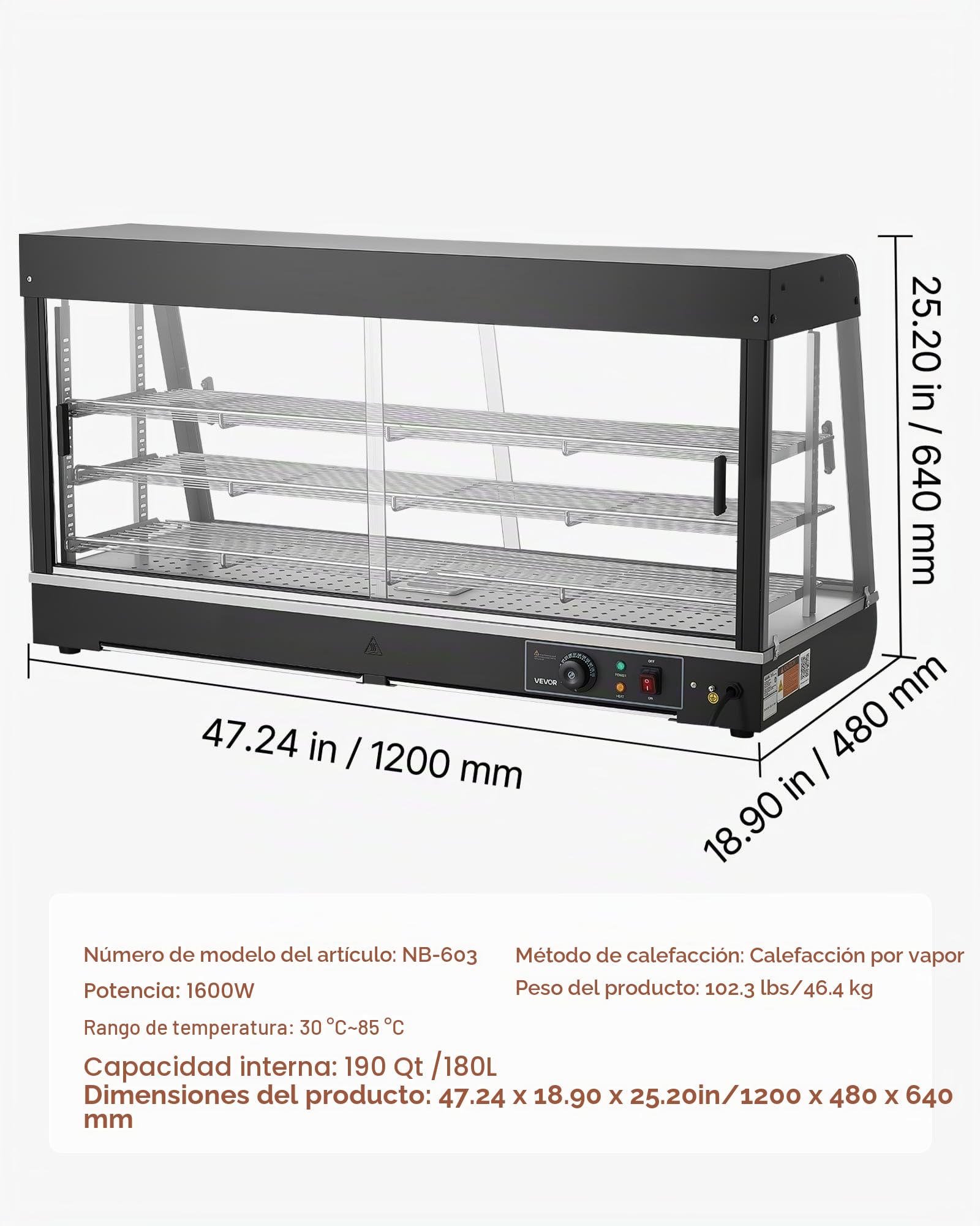 VEVOR Vitrina de Calor para Hostelería 3 Niveles 1600 W, Expositor Calentador de Alimentos 180 L con Luz LED, Estantes Extraíbles, 30 °C a 85 °C, para Tapas, Hamburguesas, Pizzas, Pan, Pollo Frito