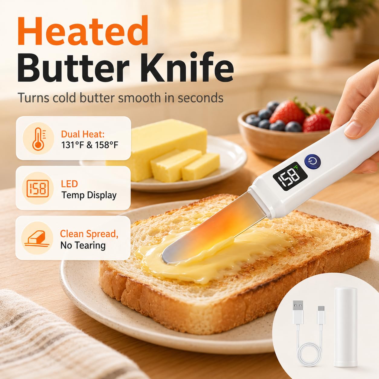 Esparcidor de cuchillos de mantequilla calentado inalámbrico: 2 configuraciones de calor (131 °F y 158 °F), resistente al agua Ip68, derrite rápidamente mantequilla dura fría y aceite de coco, queso