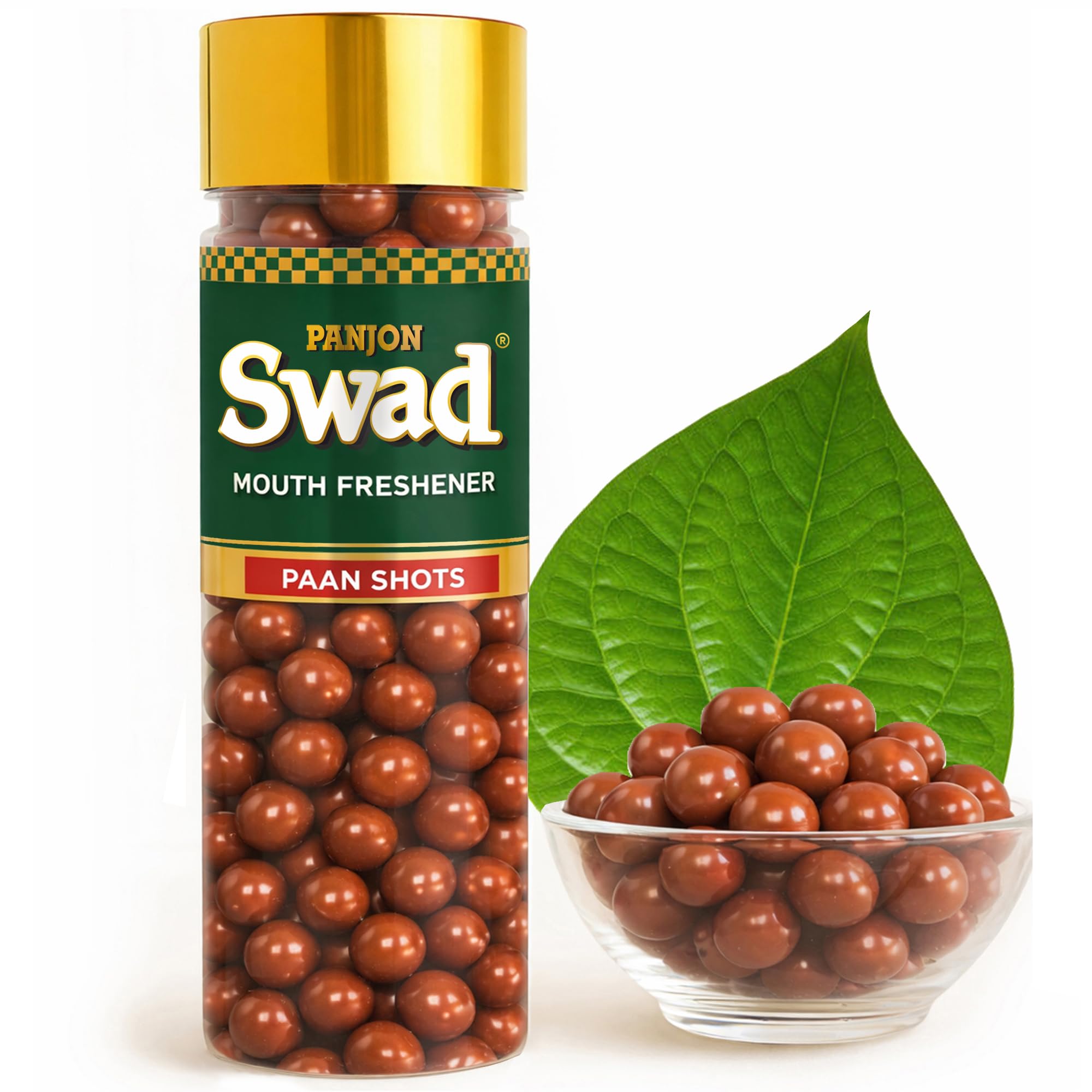 PANJON SWAD Paan Shots (Instant Pan Candy Mouthfreshener Mukhwas) Real Pan Toffee Balls, 1 Bottle, 150 Gram
