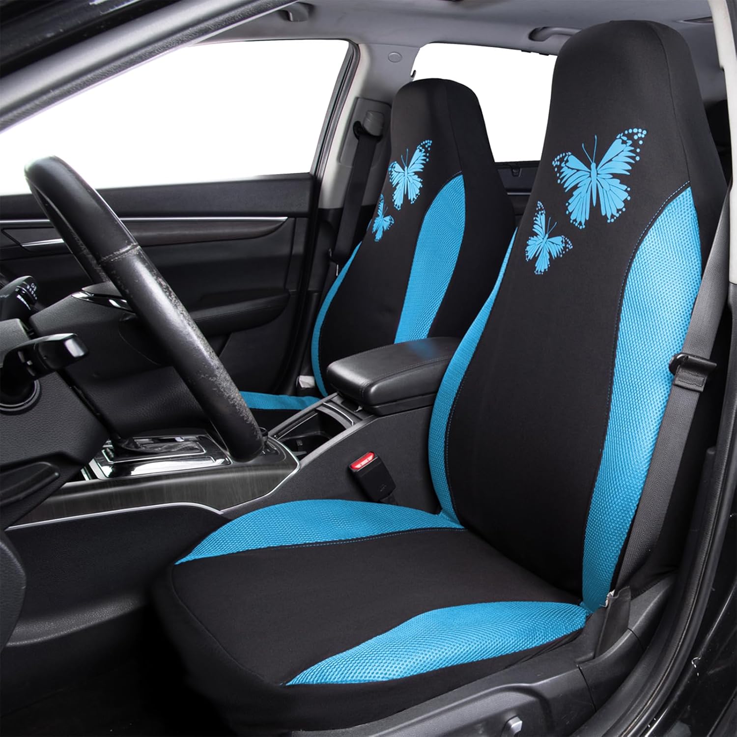 Flying Banner Butterfly car seat Covers ful Set Fashion Universal Lady Woman Female Rear Bench Split Colorized (2 Fronts, Mint Blue)