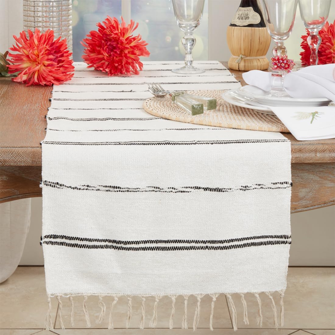 Fennco Styles Striped Cotton Table Runner with Fringe 16" W x 72" L - Natural Woven Table Cover for Everyday Use, Dining Room, Banquets, Family Gatherings, Holidays and Home Décor