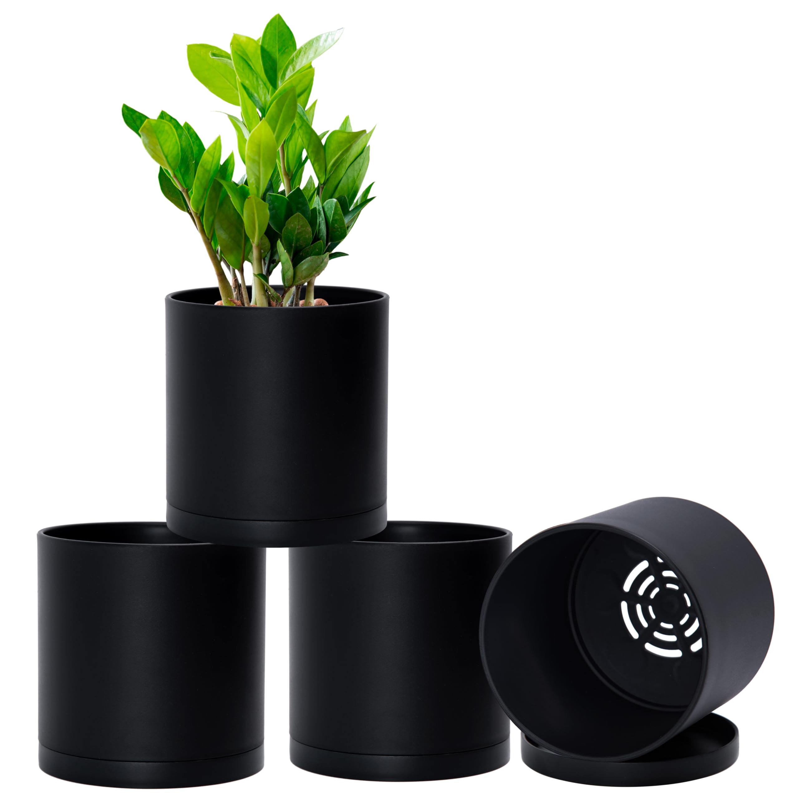 D'vine Dev 4-Pack Black Plastic Planters with Saucers, 5.5 in, 74-Y-H-2 | Lightweight Durable Build, Matte Finish, Cylindrical Shape, Efficient
