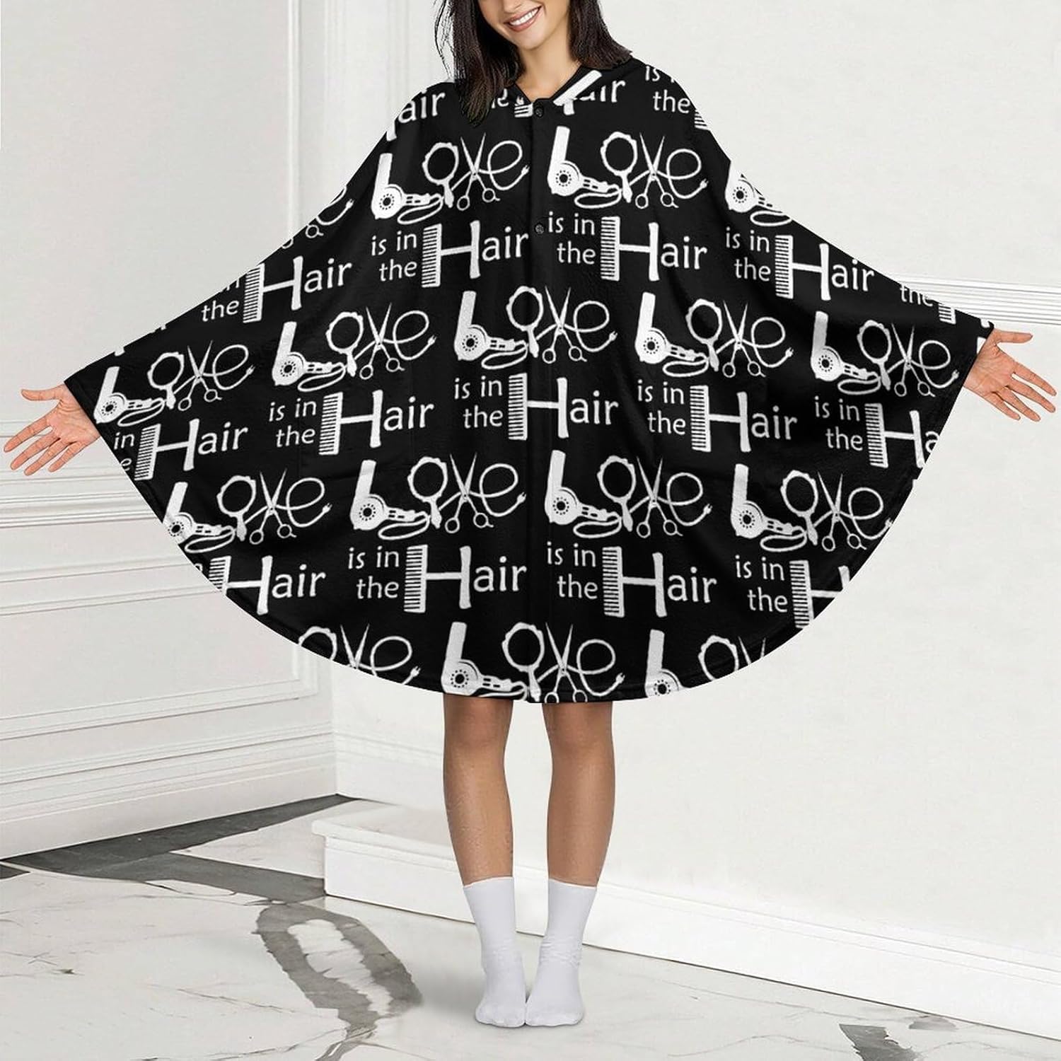 Barber Salon Hairdresser Love Wearable Blanket with Hooded Flannel Blankets Cape with Pocket