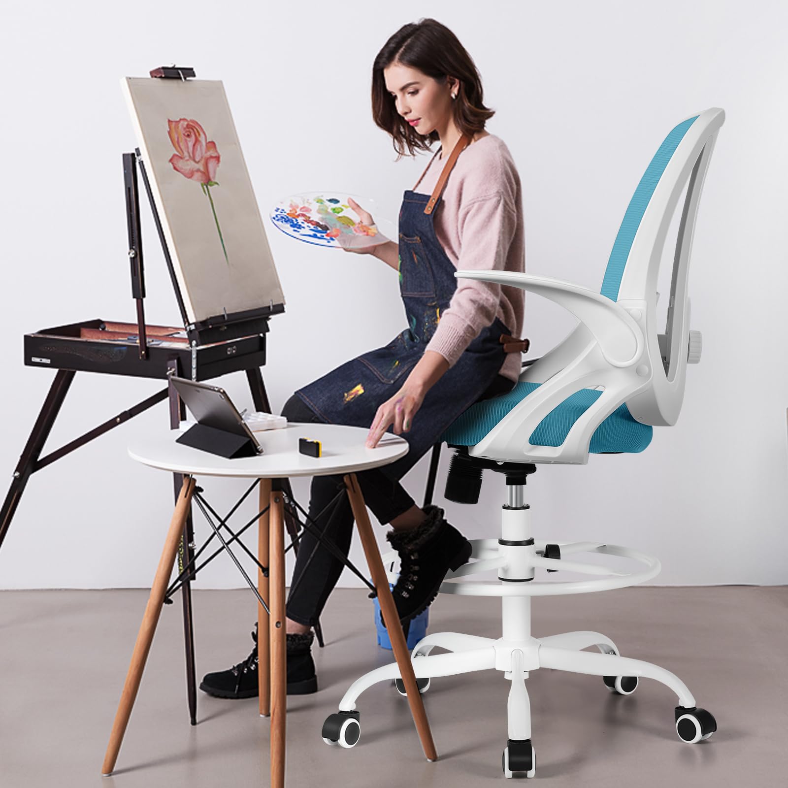 Razzor Drafting Chair Tall Ergonomic Office Chair Standing Desk Stool Chair with Adjustable Lumbar Support and Footrest Ring Executive Computer Chair