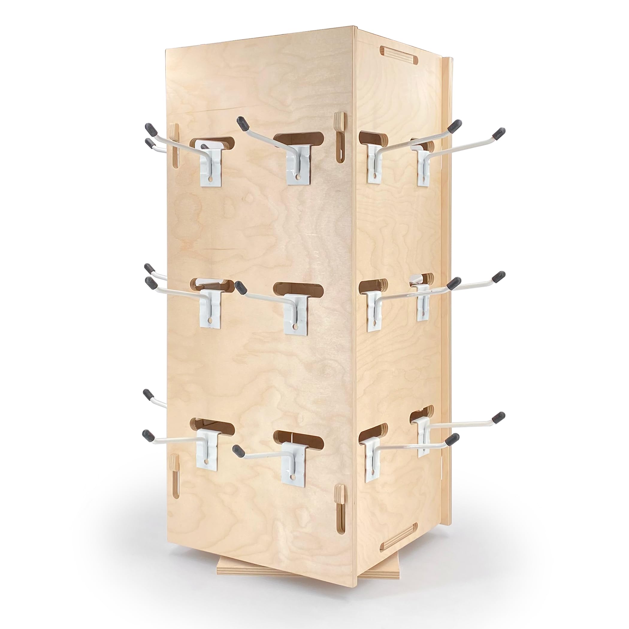 Expositor giratorio, de sobremesa, de mostrador, con ganchos, de madera natural, para artículos en blíster o pulseras, llaveros, joyas, altura 60 cm, fácil montaje con encastre. (Dix – giratorio 360°)
