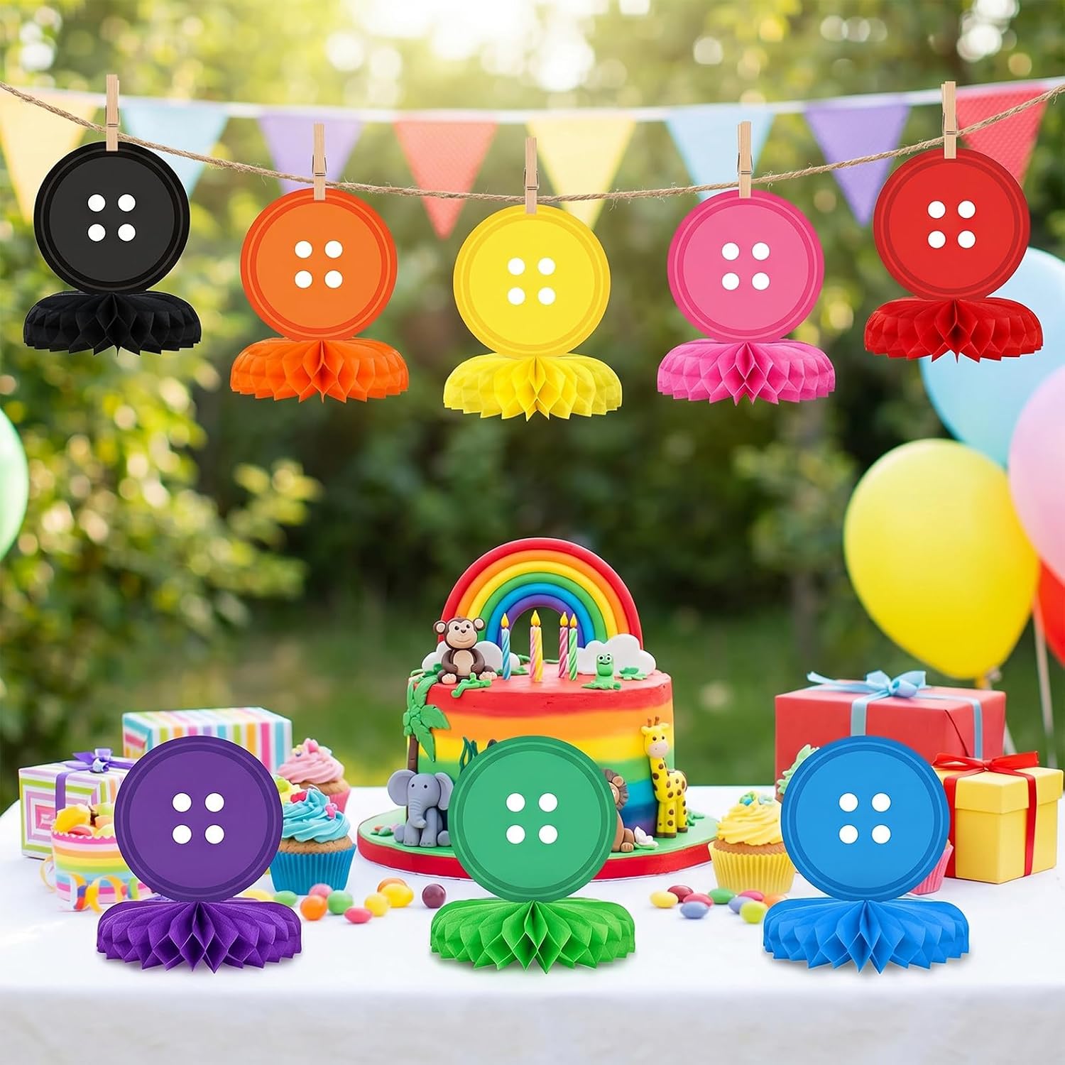 8 Pieces Button Birthday Party Honeycomb Centerpieces Colorful Red Black Blue Green Pink Orange Yellow Purple Button Eye Table Centerpieces Decorations Sign for Kids Adults Party Supplies
