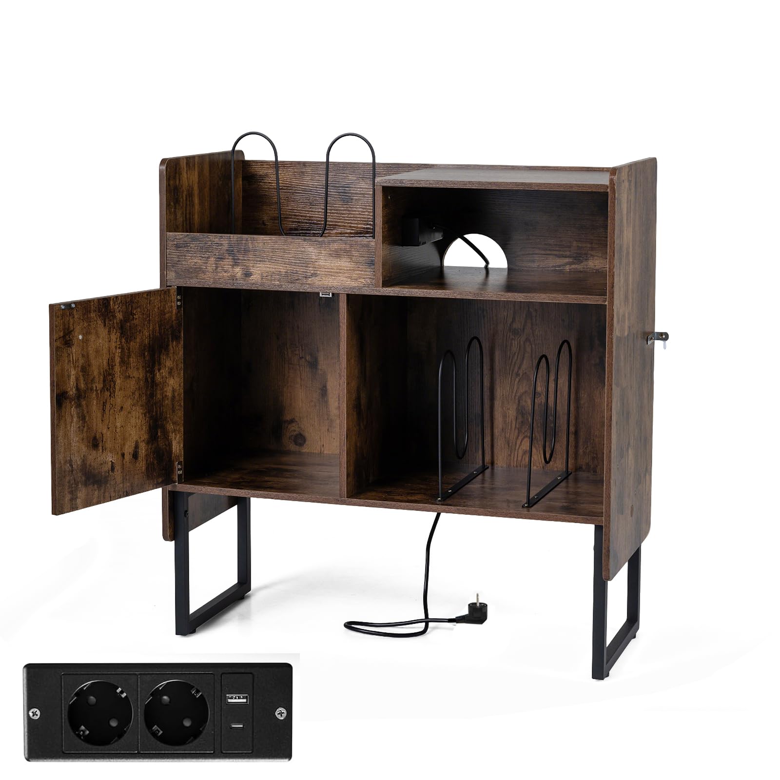 KOMFOTTEU Mueble para Tocadiscos con Estación de Carga, Mesa para Tocadiscos con Divisores para Vinilos, Armario con Puerta y Estante Abierto, Soporte de Discos de Vinilo con Orificio de Cables
