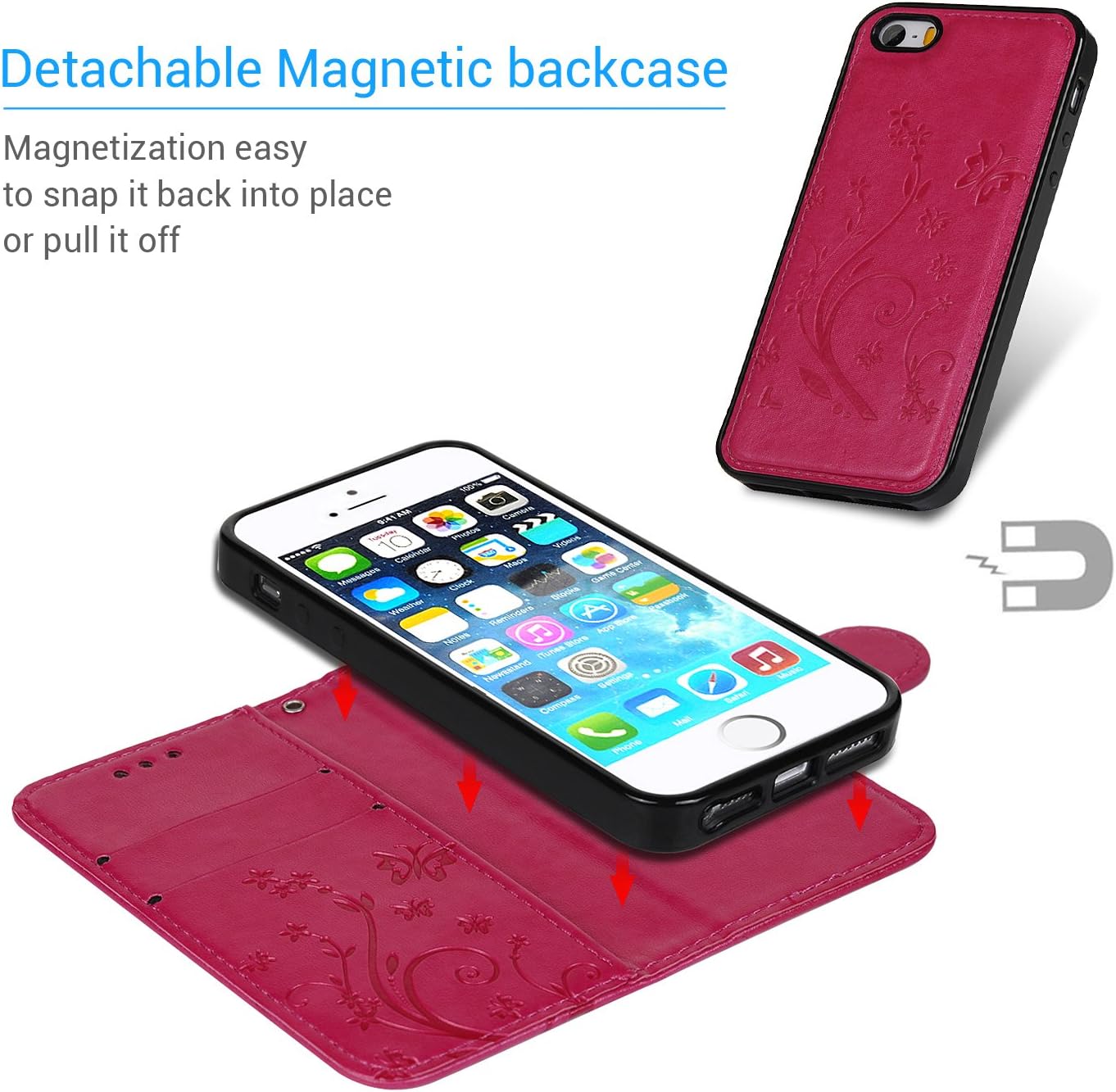 Compatible with iPhone 11 Pro Wallet Case, Case with Card Holder Embossed Butterfly Premium PU Leather Double Magnetic Buttons Flip Shockproof Protective Cover for iPhone 11 5.8 inch (Hot Pink)