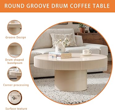 White Fluted Drum Coffee Table, Round Wooden Centre Table, Modern Contemporary 78cm Table for Living Room, Small Space & Apartment (G Off White 78CM)