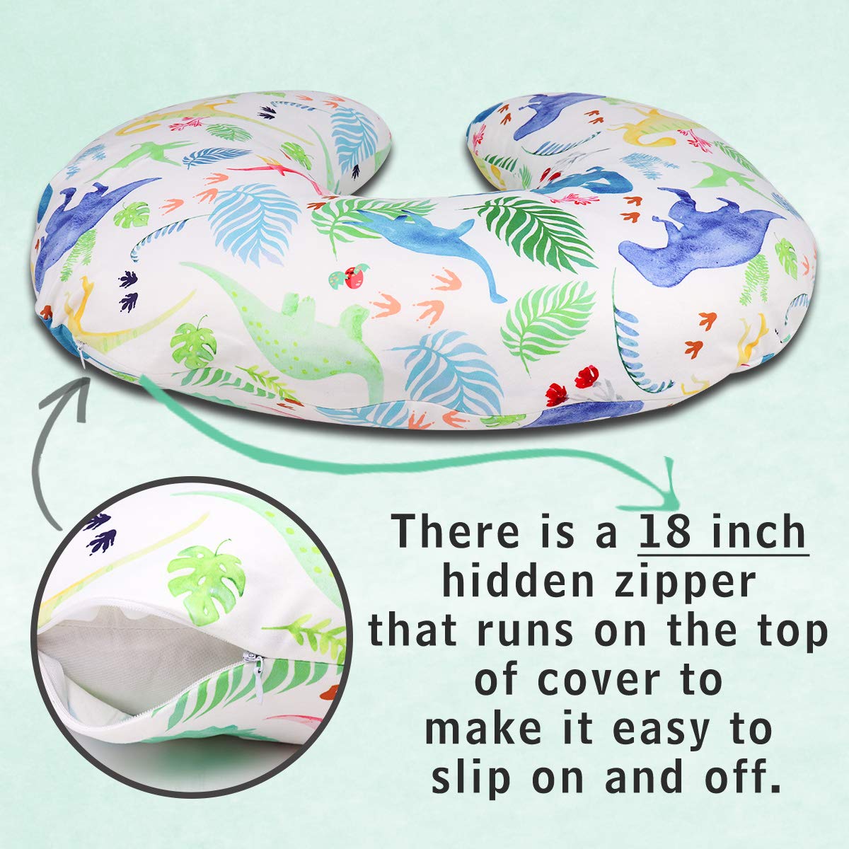 Dinosaur Nursing Pillow Cover, Breastfeeding Pillow Slipcover for Baby Boys & Girls, Nursing Pillow Case for Newborn, Soft Fabric Fits Snug On Infant, Washable & Breathable, Watercolor Dinosaur - Image 5