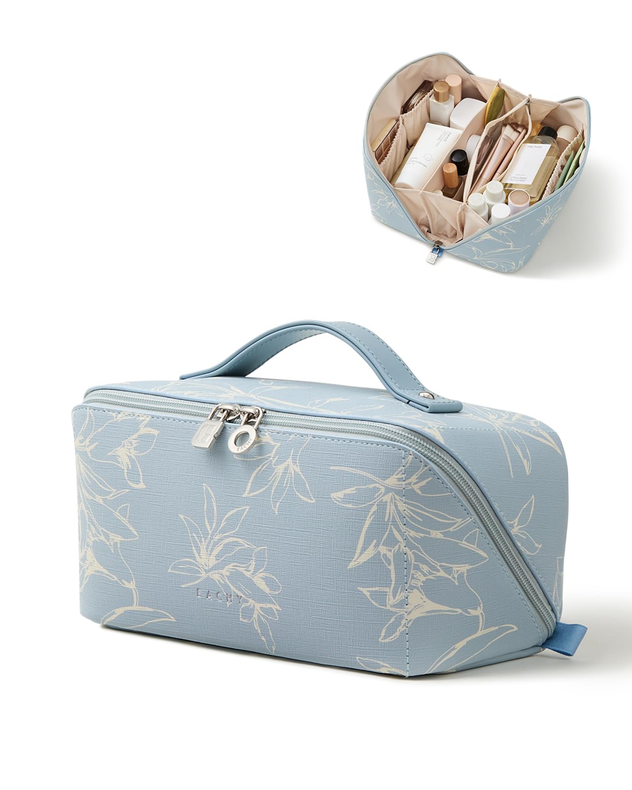 EACHY 旅行用メイクアップバッグ、大容量女性用化粧品バッグ、防水ポータブルポーチ、オープンフラットトイレタリーバッグパターンメイクアップバッグ, AE-Blue-L, 2XL