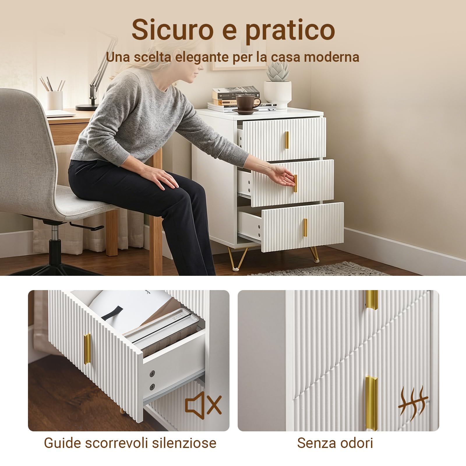 SoBuy Comodino camera da letto con 3 cassetti, 63 cm altezza ergonomica & 33 kg capacità, tavolino da letto per camera e soggiorno, ideale per piccoli spazi, bianco, 40 x 40 x 63 cm, FBT115-L-W