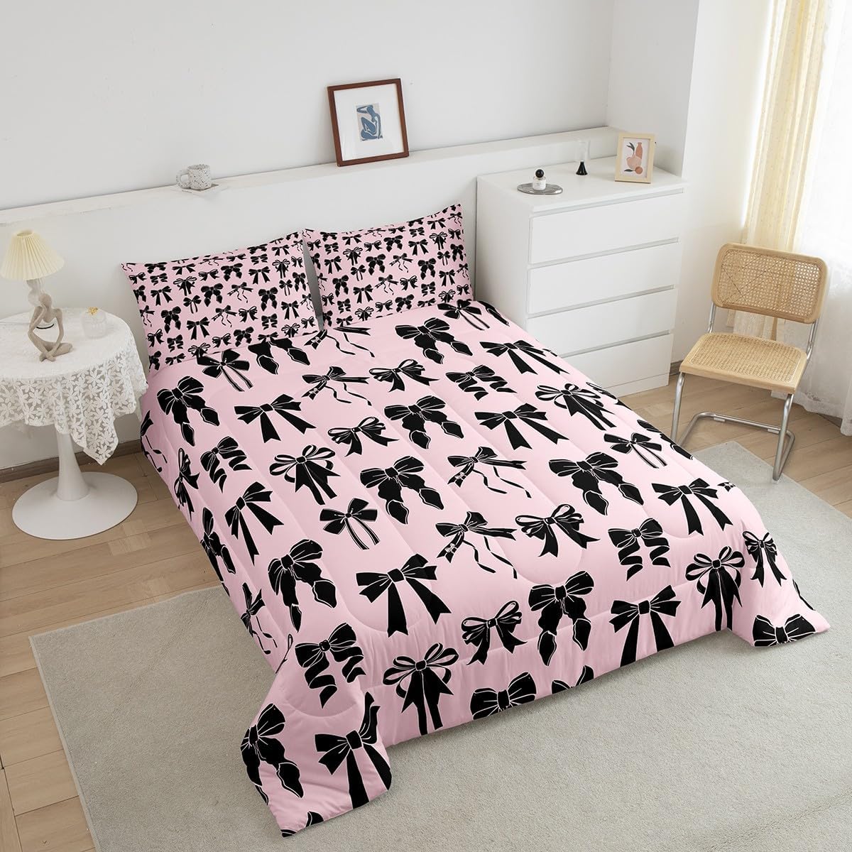 Feelyou Watercolor Bow Comforter Set Full Size Pink Bow Print Comforter for Kids Teens Adults Kawaii Bowknot Bedding Set Dreamy Princess Style Duvet Set Room Decor 3Pcs with 2 Pillow Case