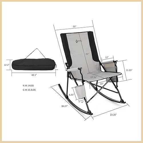Miniatura 3 de ARROWHEAD OUTDOOR Silla mecedora plegable con portavasos grande, bolsillo lateral, plegable que ahorra espacio, balancín mejorado para campamento,