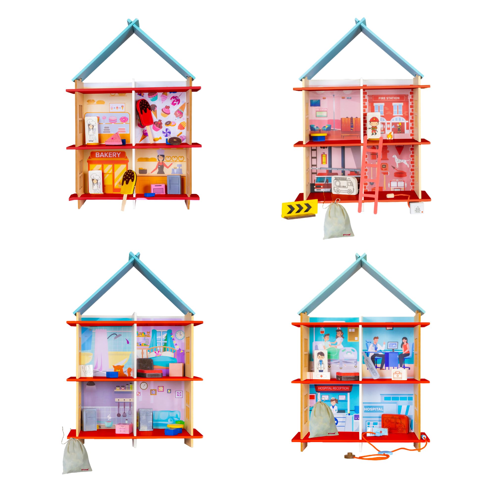 Kidoz DIY Wooden Miniature House for Boys & Girls - One House with Four Theme - Playhouse, Bakery Shop, Fire Station, Hospital with 4 Rooms, Pretend & Play Toys with Furniture & Accessories (Red)
