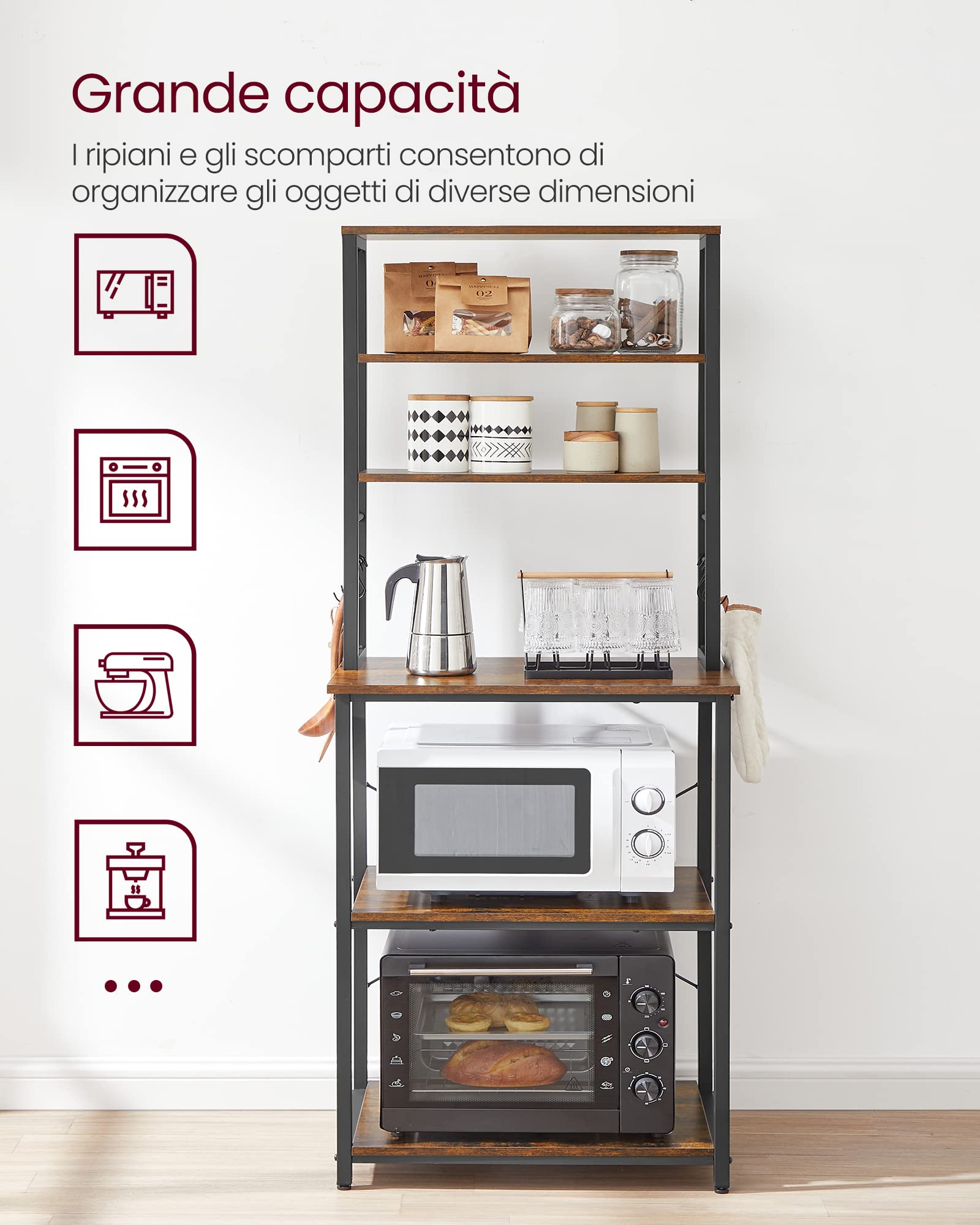 VASAGLE Scaffale Cucina, Mobile Cucina, Scaffale per Microonde, 6 Ripiani, 6 Ganci, Struttura in Acciaio, Stile Industriale, 40 x 60 x 167 cm, Marrone Vintage e Nero Inchiostro KKS024B01