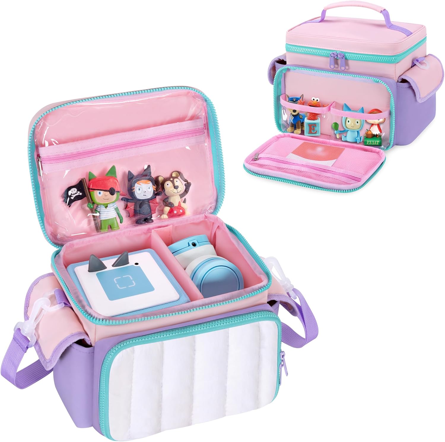 LoDrid Travel Carrying Case Compatible with Tonie Box 2/1, Lightweight Puffy Portable Storage Bag with Detachable Divider and Shoulder Strap for Audio Player Set, Pink, Bag Only, Patented Design