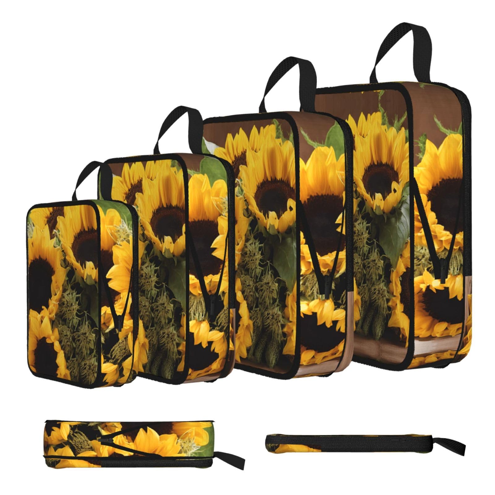 Ezdlowvba Black Sunflowers Print Compression Packing Cubes 4-Piece Set With Multi- Compartment Travel Bag, Waterproof Suitcase Organiser Bags