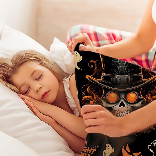 Miniatura 3 de Manta mecánica de Halloween con calavera punk y fantasma para sofá, 50 x 40 pulgadas, manta de fiesta nocturna negra y naranja, tamaño Queen,