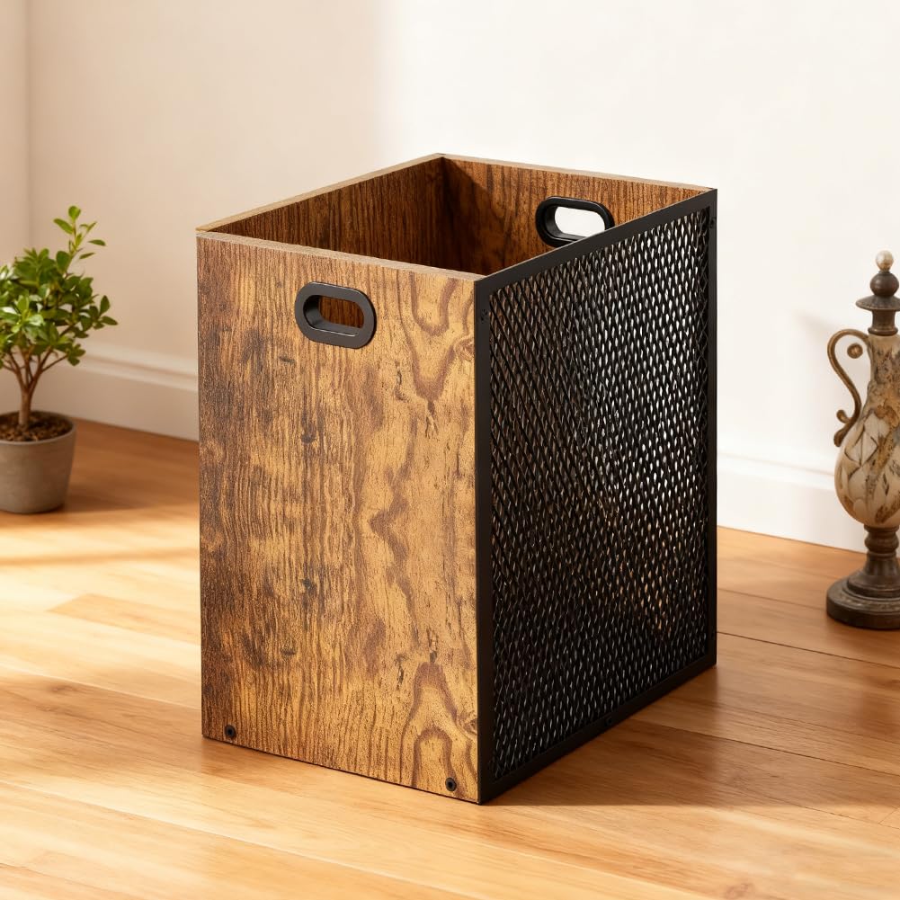 Corbeille à papier, poubelle vintage 16,8 L, style industriel, en fer et bois, pour la maison, le bureau, 28 x 20 x 30 cm