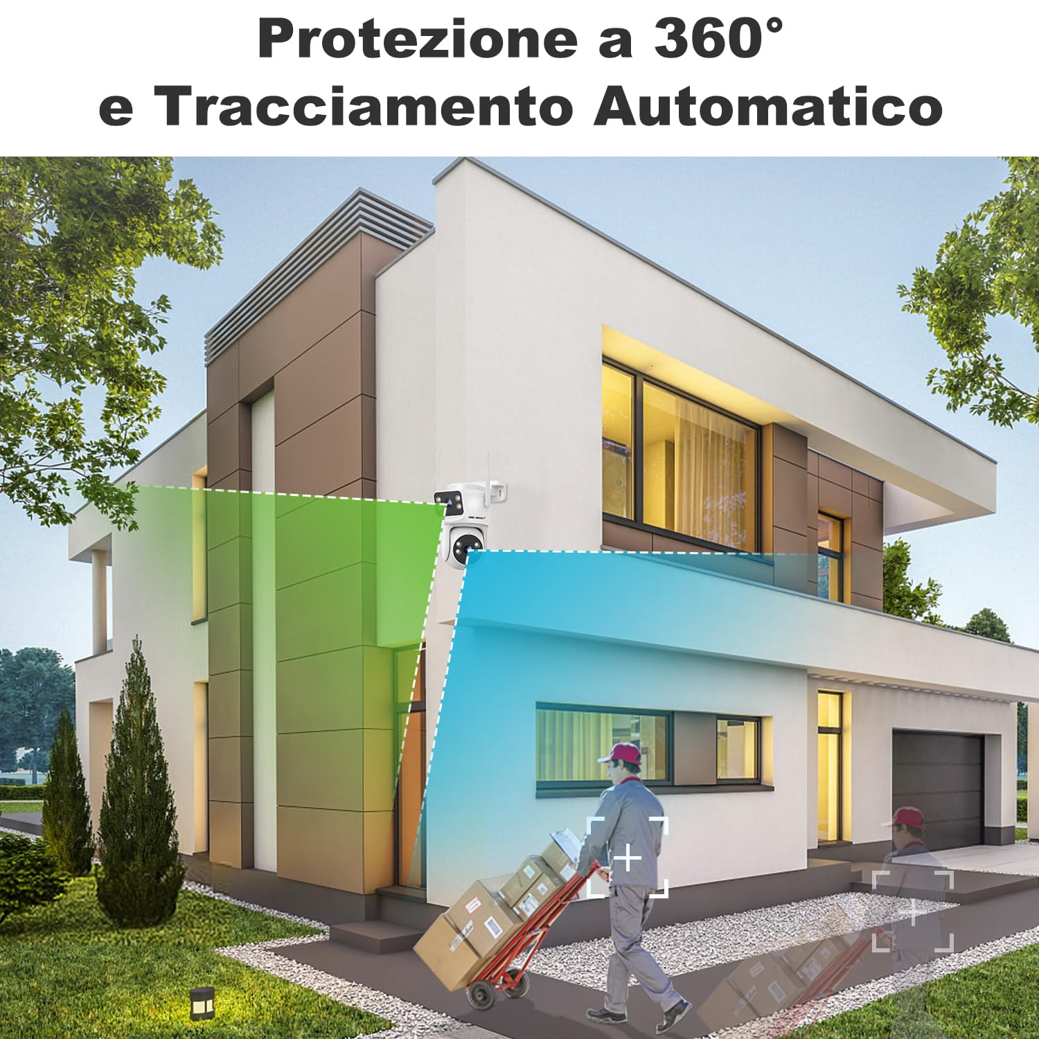 GENBOLT Telecamera WiFi Esterna Doppia Lente PTZ Videocamera Sorveglianza | 2.4/5Ghz, PoE, Registrazione 24/7, Archiviazione Cloud, Visione Notturna Colore, Inseguimento Auto, Rilevamento Umano