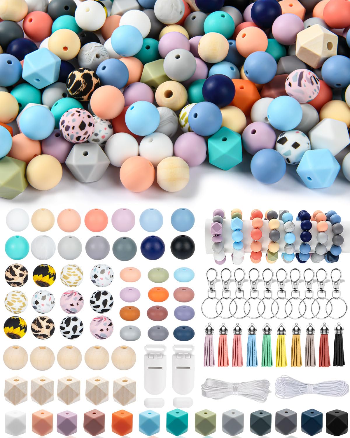 Skalamio 248Pcs Silicone Beads for Keychain Making, Multiple Styles & Colorful 15mm Silicone Beads Bulk, Round Beads for Bracelet Beadable Pens Necklace Jewelry Crafts