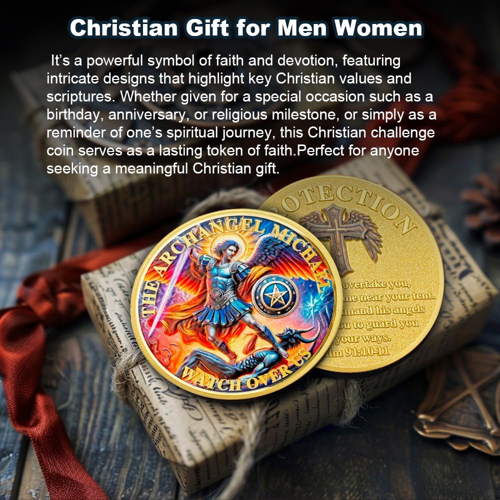 Archangel Michael Christian Challenge Coin Psalm 91:10-11 Verse Token Religiou Faith Coins Inspirational Christian Gift for Men Women