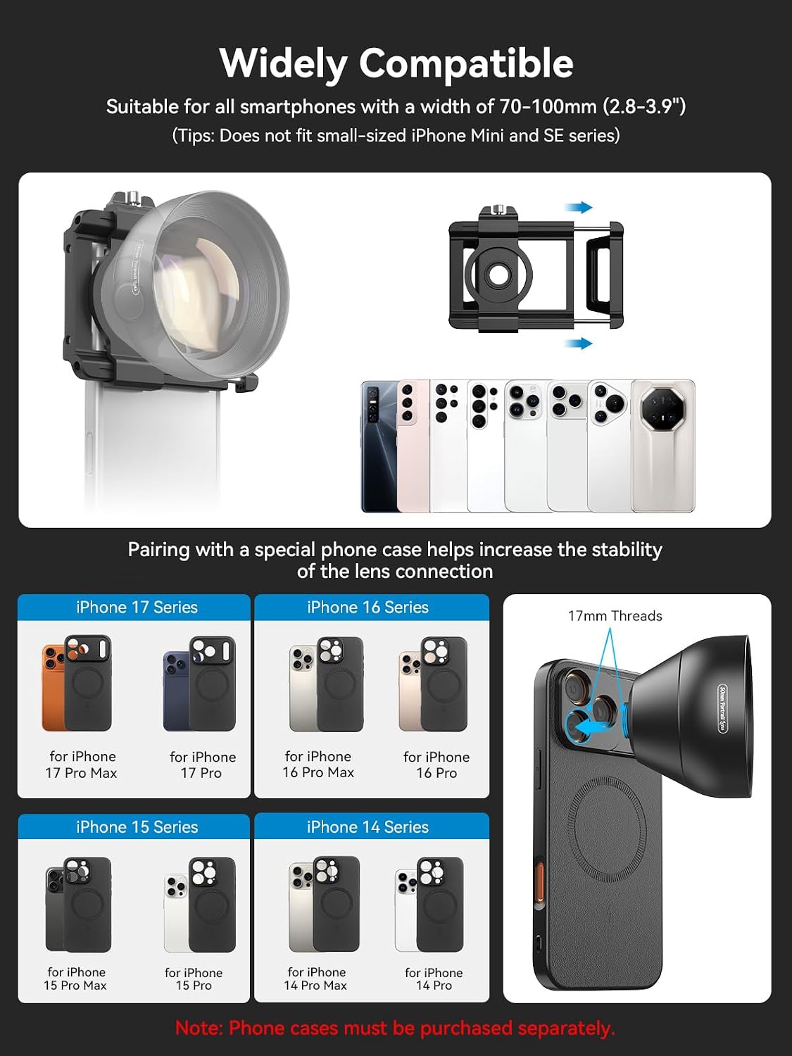 MIAO LAB 2X Telephoto Portrait Master Lens for iPhone, Samsung, Android - 50mm F1.05 Portrait Lens, 17mm Threaded Interface with Universal Clip for Portraits, Flowers, Food, Pets & Night Scenes