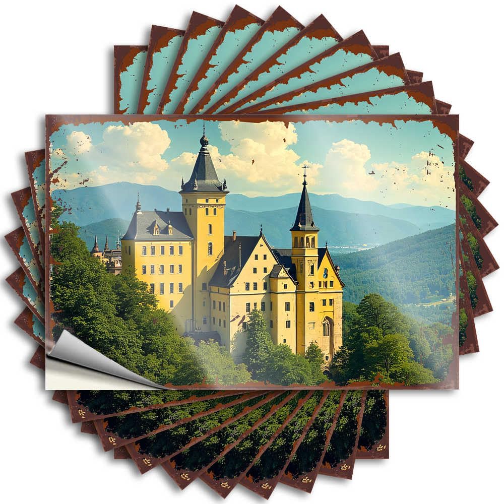 Golden Castle Amidst Lush Green Forest with Majestic Mountains in Bath Decor Men DIY | Funny Quote Door Removable Vinyl Sticker Decal(8X12CM)