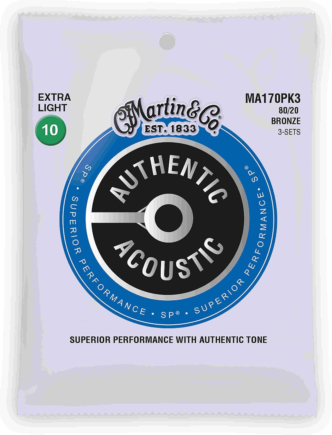 Martin Strings MA170PK3-U 80-20 Authentic Acoustic Gauge Guitar Strings, Extra Light - Pack of 3