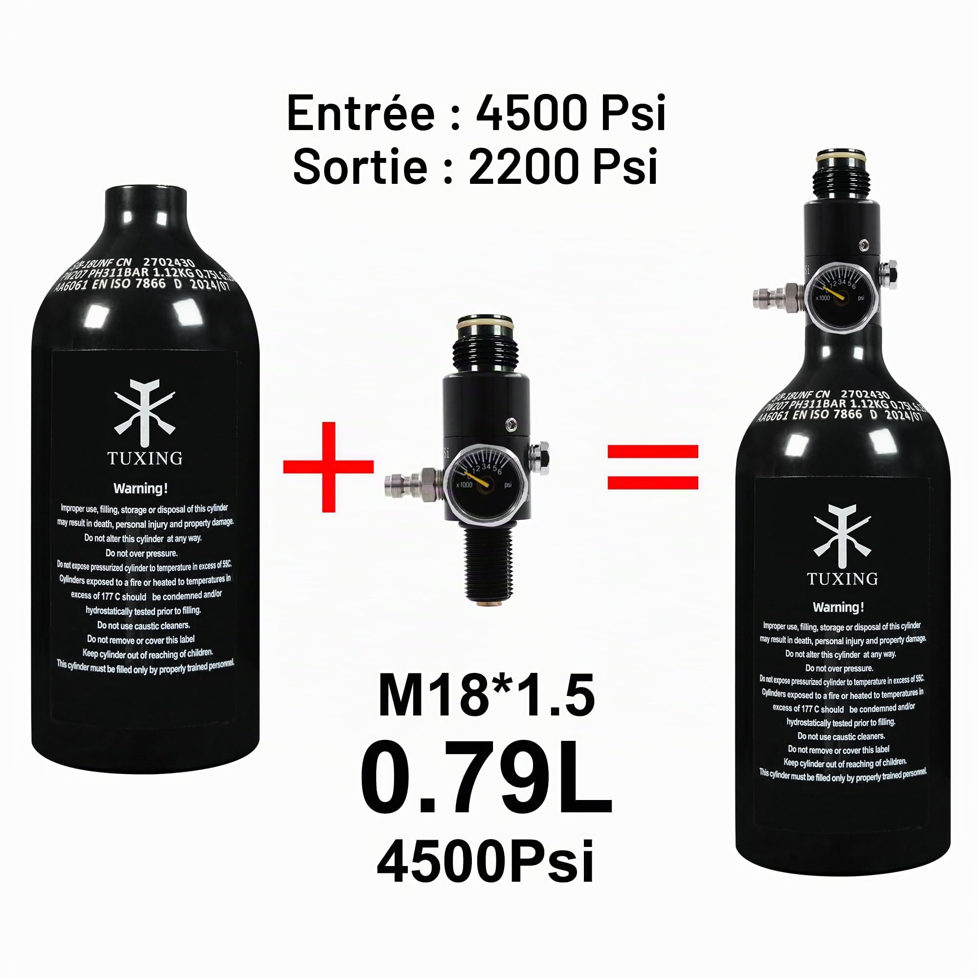 TUXING Réservoir de paintball PCP 4500 psi 0,75 L 48Ci avec régulateur de paintball, jauge de pression de sortie : 2200 psi-5/8-18UNF