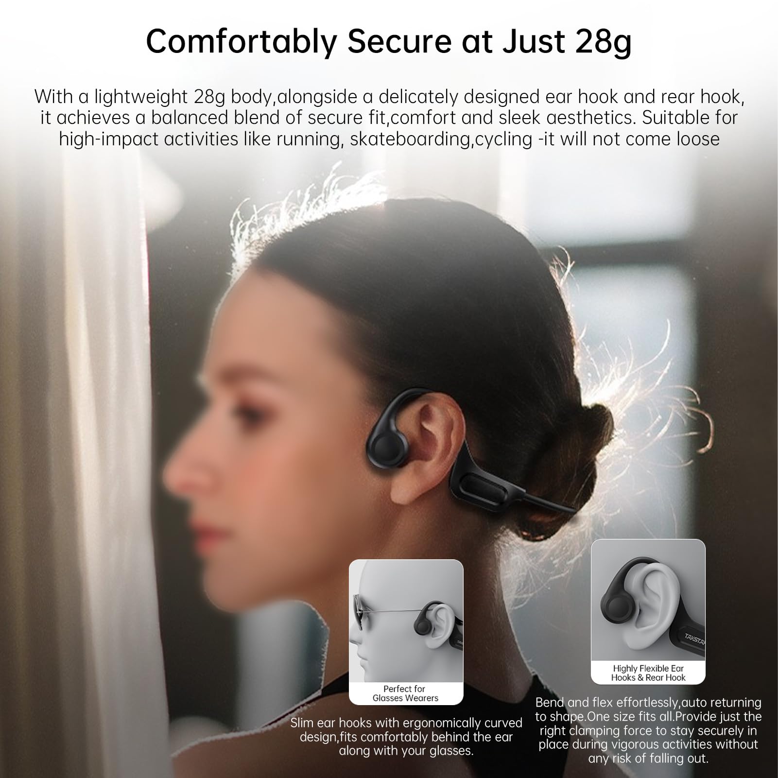 Alomejor Cuffie a Conduzione Ossea, Auricolari Wireless Bluetooth Sportivi a Orecchio Aperto con Microfono, 8 Ore di Riproduzione, Nero, per Corsa e Allenamento