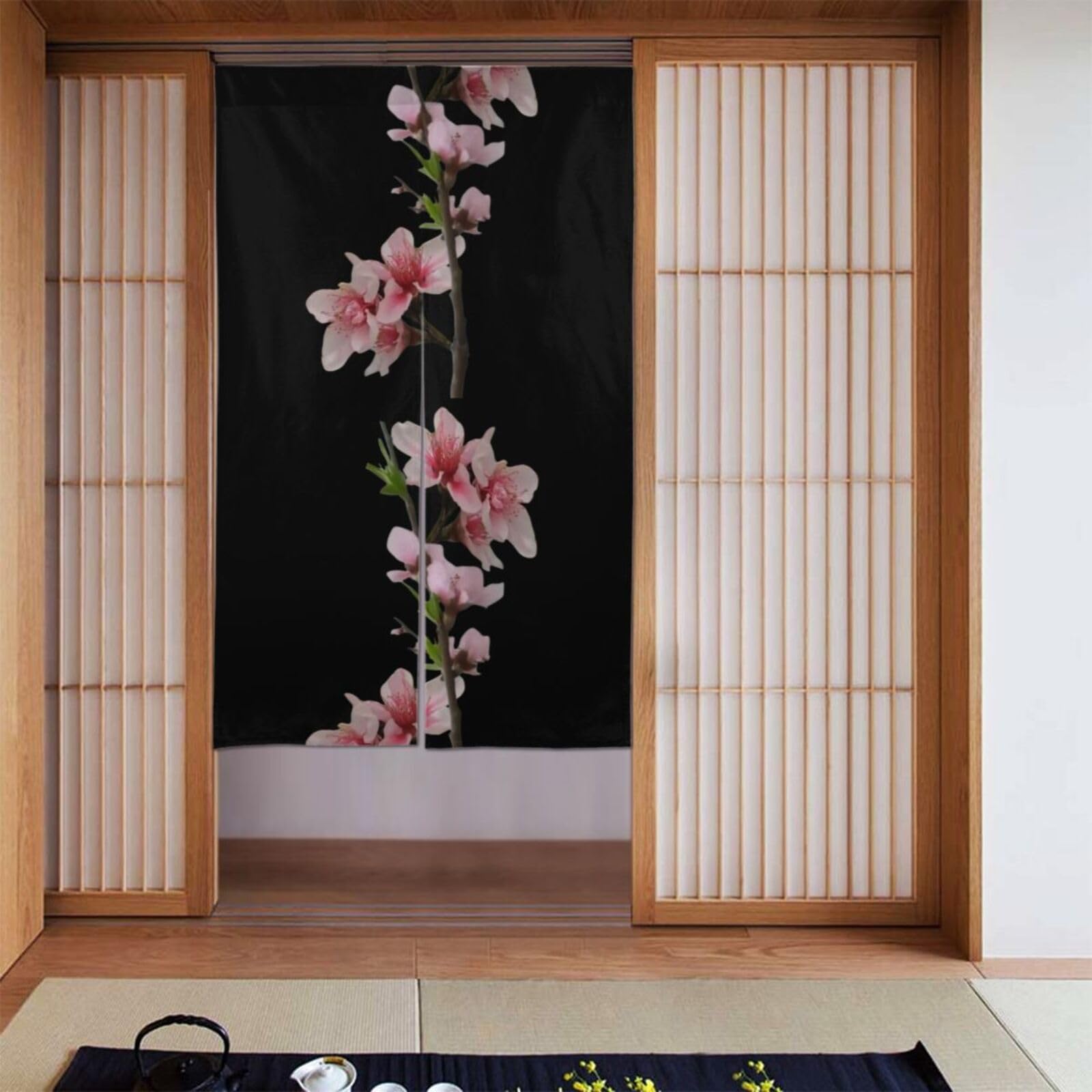 Rideau de porte noren japonais fleurs de pêcher zen