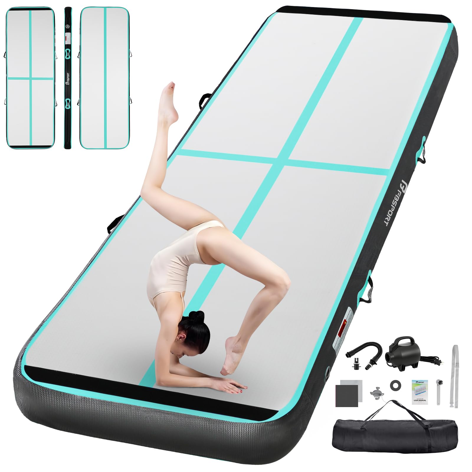 FBSPORT Airtrack Matte,10/20cm Hoch Verdicken 2/3/4/5/6/ M Tumbling Matte,Gymnastikmatte mit Luftpumpe,Trainingsmatte mit Tragetasche,Turnmatte für Zuhause, Outdoor,Yoga, Übungsgymnastik usw