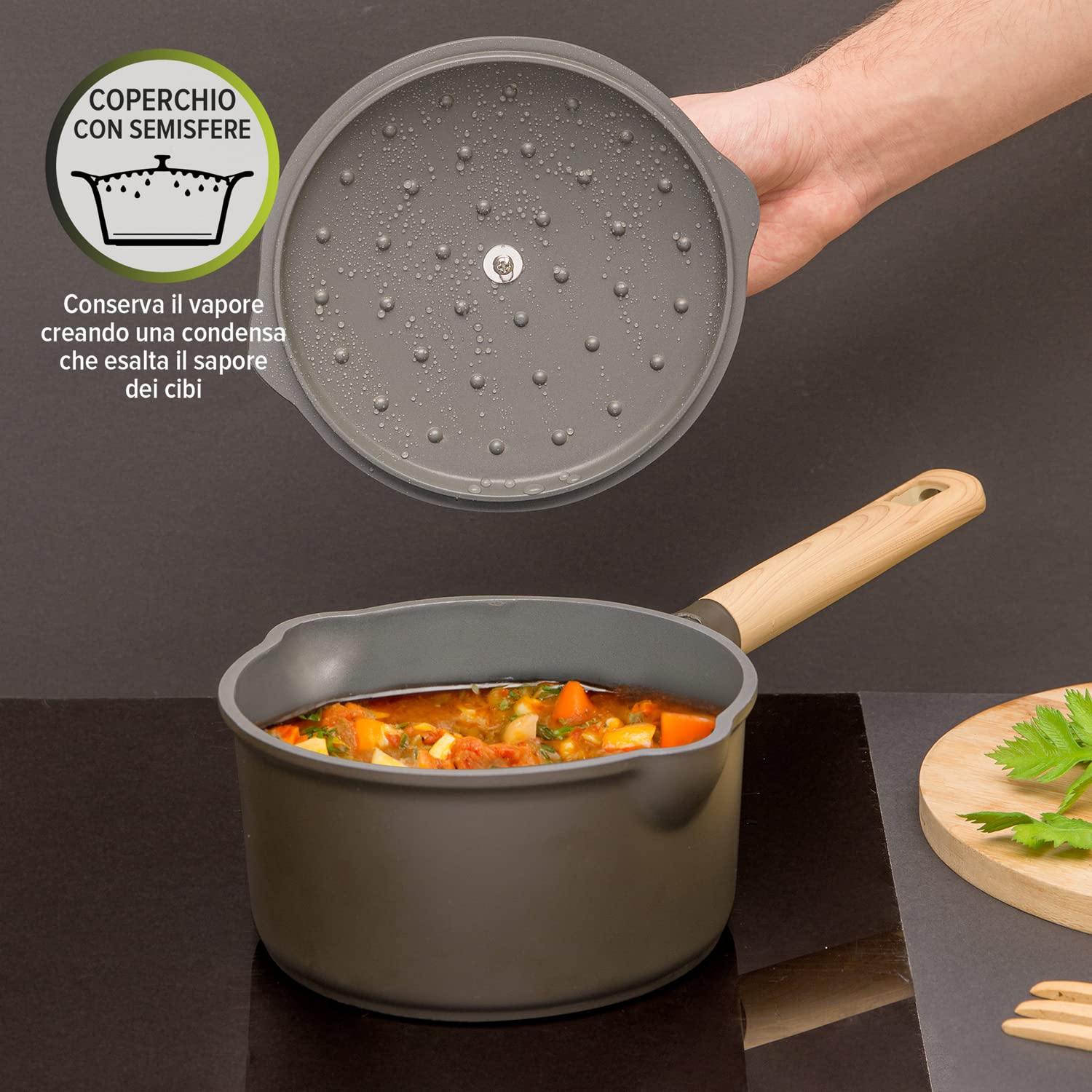 KASANOVA Casseruola Antiaderente vari colori Pot Art con Coperchio Innovativo, casseruola induzione, Ottimale per Stufati e Cotture Lente (Nero, 18 Cm)