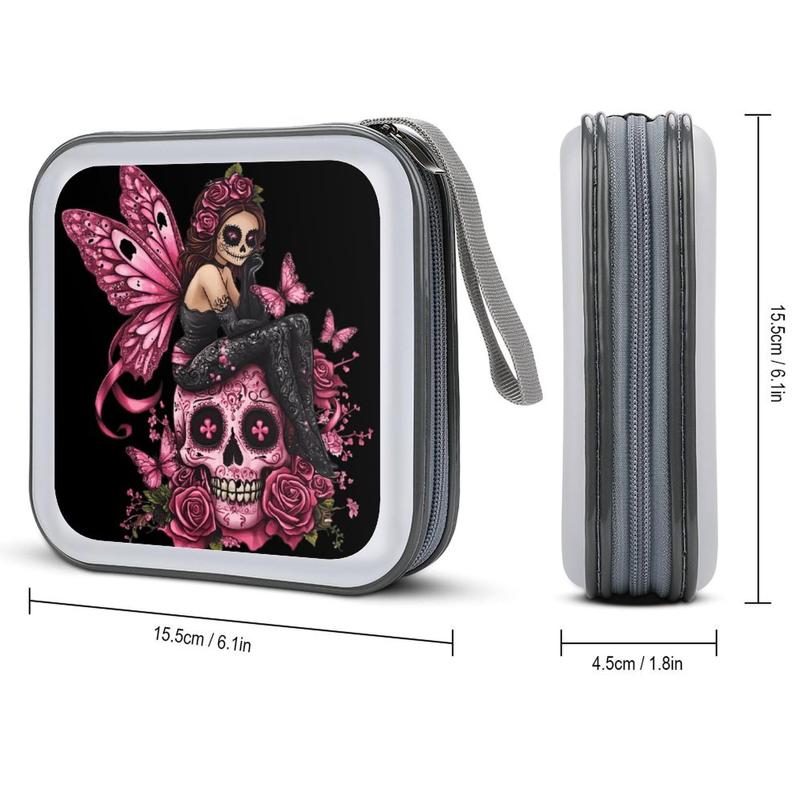 Skull Fairy Breast Cancer Awareness Ribbon CD Case Plastic DVD Case Holder Wallet Disc Storage Organizer for Car Travel